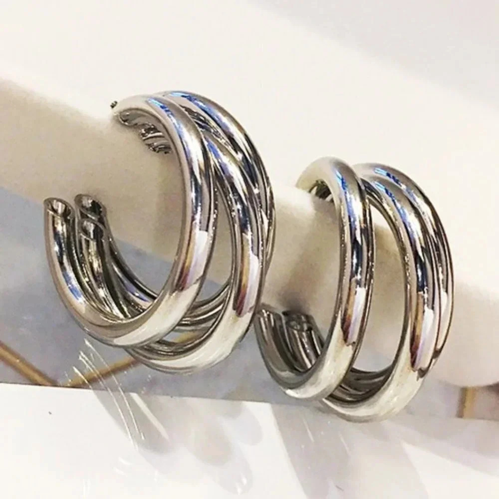 NEW 925 Sterling Silver Three Layer Hoop Earrings